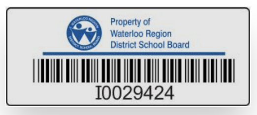 An asset tag for property belonging to a school