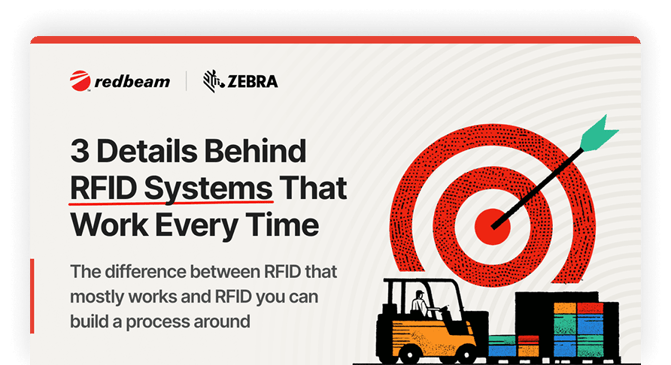 Cover of 3 Details Behind RFID Systems That Work Every Time, featuring an illustration of a forklift, pallet, and target.
