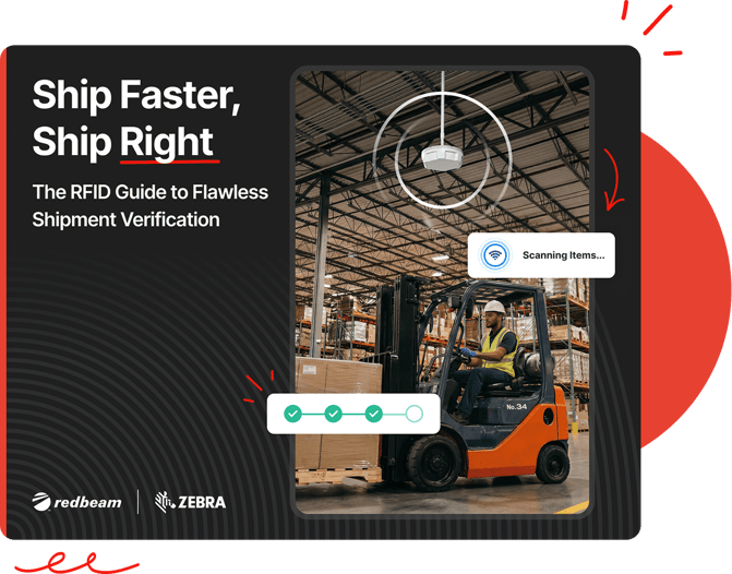 Cover of the Ship Faster, Ship Right eBook, showing a man driving a forklift in a warehouse with an RFID reader suspended overhead.