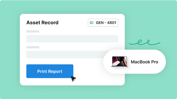 A digital asset record for a MacBook Pro with a Print Report button being clicked.