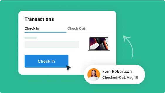 A digital check-in screen shows a laptop transaction and Fern Robertsons checked-out status on August 10.