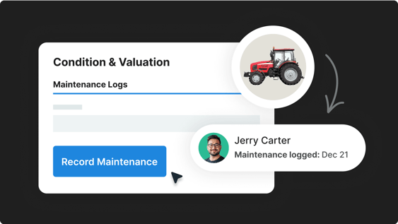 A maintenance log interface with a tractor image and a notification logging maintenance by Jerry Carter on Dec 21.