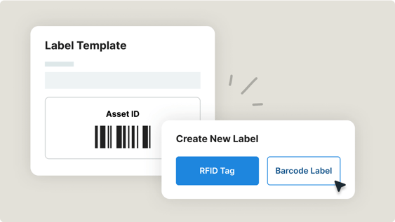 A template with an Asset ID barcode and a popup to create an RFID tag or barcode label.