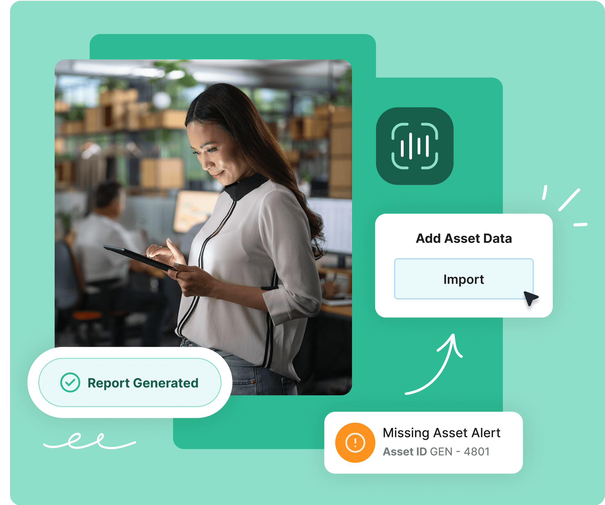 Woman using a tablet in an office, with digital alerts for report generation and missing asset data.