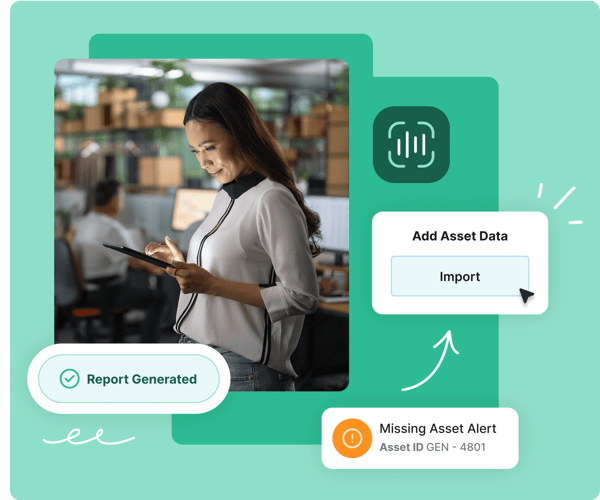 Woman using a tablet in an office, with digital alerts for report generation and missing asset data.
