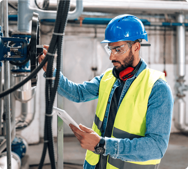 Man in safety gear inspects machinery while checking a tablet in an industrial setting.
