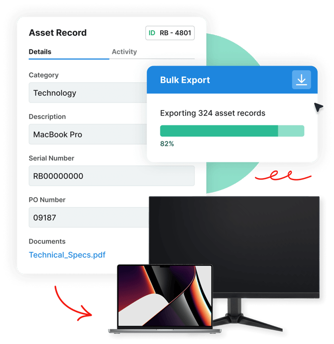 Asset record and export interface, with images of a laptop and monitor below digital data panels.