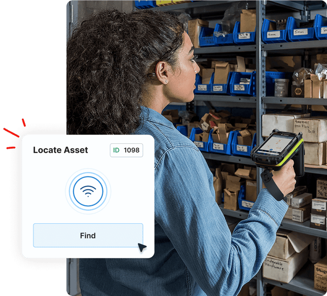 Woman scans items on warehouse shelves with a handheld device; “Locate Asset” screen is displayed.