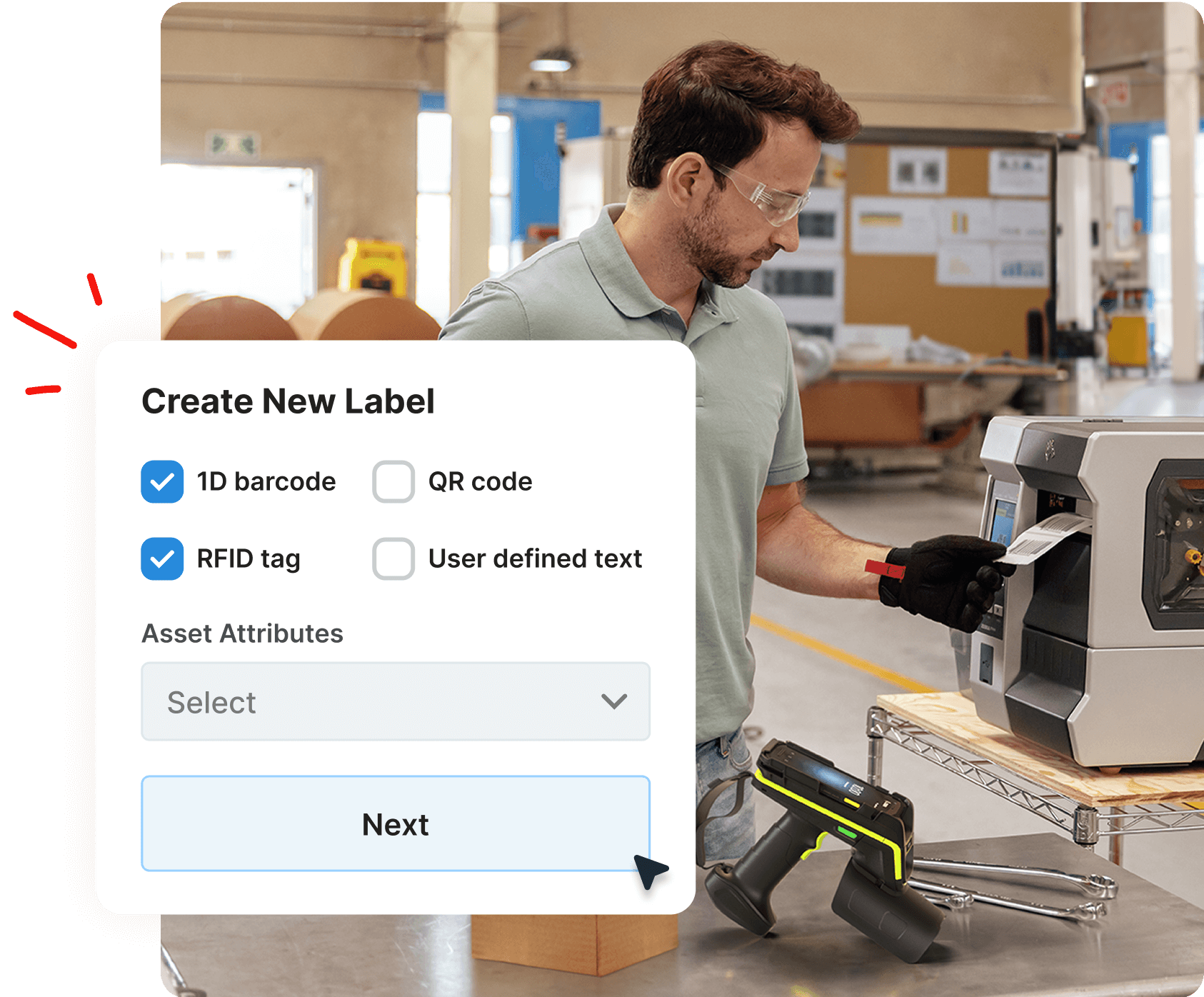 A man uses a label printer in a workshop; a label creation form is shown in the foreground.