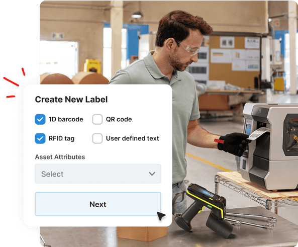 A man uses a label printer in a workshop; a label creation form is shown in the foreground.