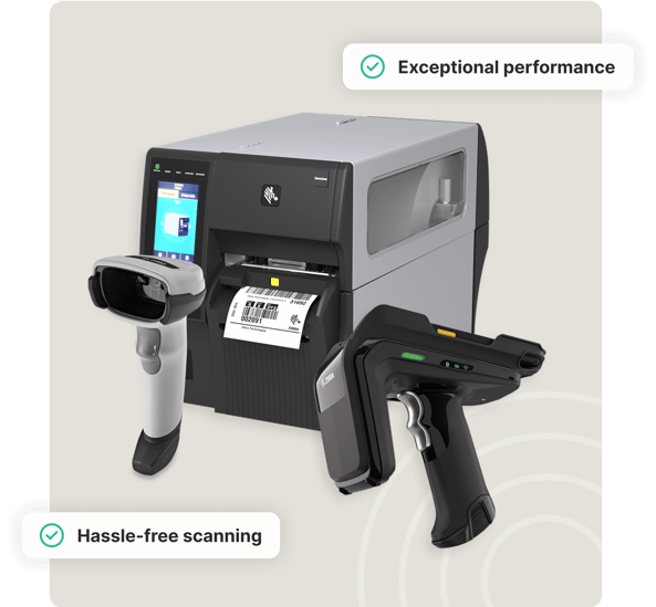 A label printer and two barcode scanners with text: Exceptional performance and Hassle-free scanning.
