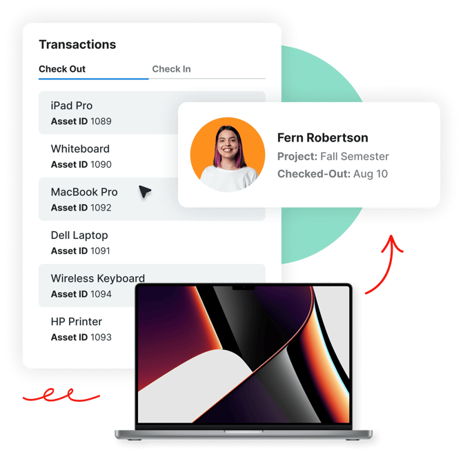 Laptop and asset checkout interface with a highlighted profile of Fern Robertson and checked-out MacBook Pro.