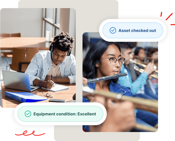 A student takes notes at a desk; another plays flute with Asset checked out and Equipment condition: Excellent badges.