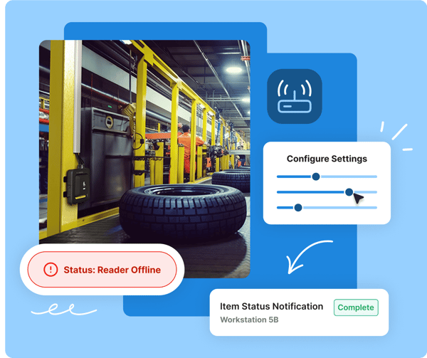 Factory interior with a tire, settings sliders, Status: Reader Offline, and Item Status: Complete alerts.