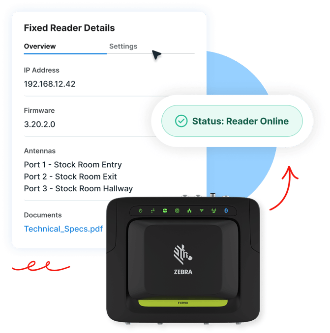 A Zebra FX960 RFID reader device with a screen showing its online status and technical details.