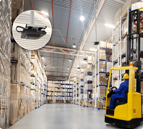 Warehouse with stacked shelves, worker operating forklift, and close-up of a security camera on the ceiling.