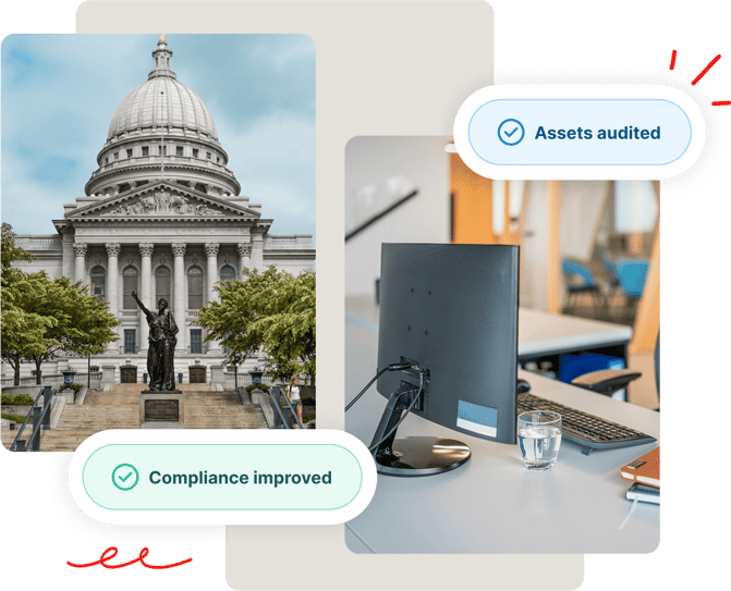 A government building and an office desk with tags reading Compliance improved and Assets audited.