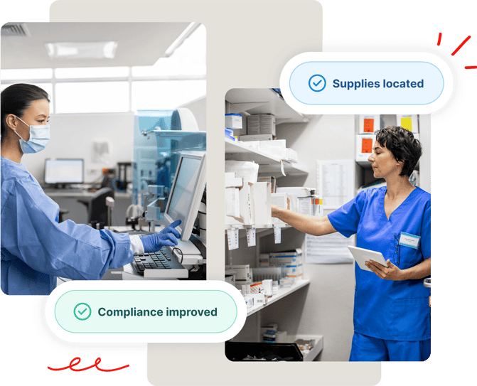 Two healthcare workers organize and track medical supplies using digital tools in a clinical setting.