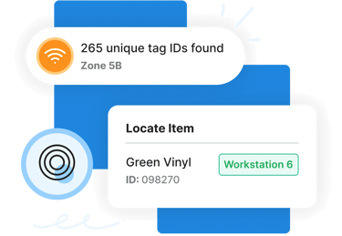 Illustration showing tag ID detection and location info for an item called Green Vinyl at Workstation 6.