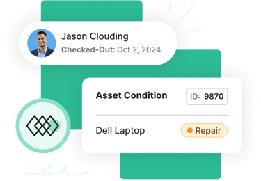 Asset info showing Jason Clouding checked out a Dell laptop, ID 9870, marked for repair on Oct 2, 2024.