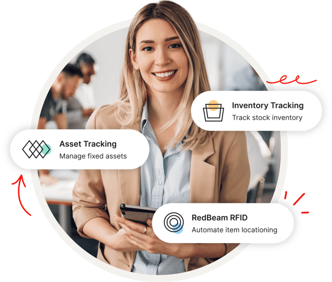 Smiling woman holding a tablet with icons for asset tracking, inventory tracking, and RedBeam RFID.