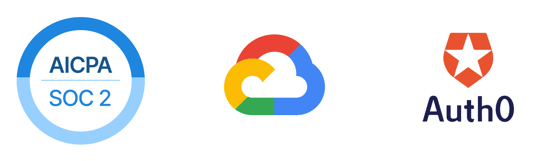 Three circular logos: AICPA SOC 2, Google Cloud, and Auth0 with a shield and star icon.