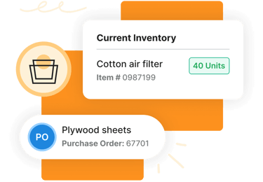 Inventory dashboard showing cotton air filter with 40 units and plywood sheets purchase order 67701.
