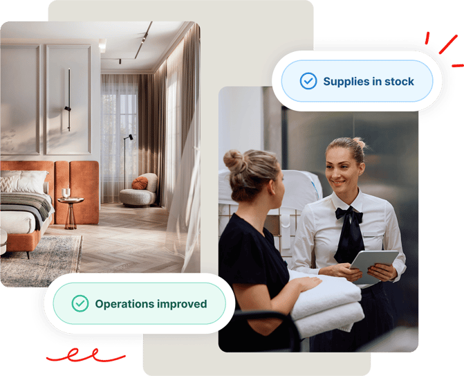 A tidy hotel room and two women talking, highlighting improved operations and in-stock supplies.