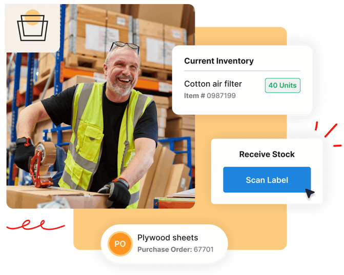 Smiling worker scans box in warehouse; inventory and stock details are overlaid on the image.
