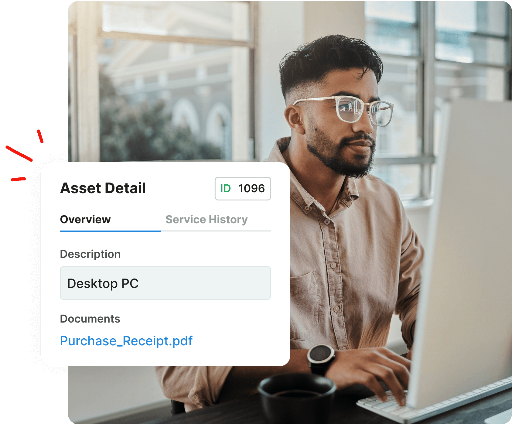 A man uses a desktop computer; an asset detail window for a desktop PC is overlaid on the image.