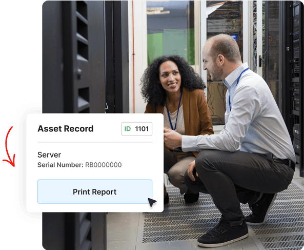 Two IT professionals check a server while an asset record with a print report button is displayed.