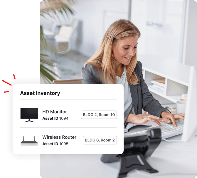 Woman using a computer at a desk with an asset inventory list overlay showing electronic devices and locations.