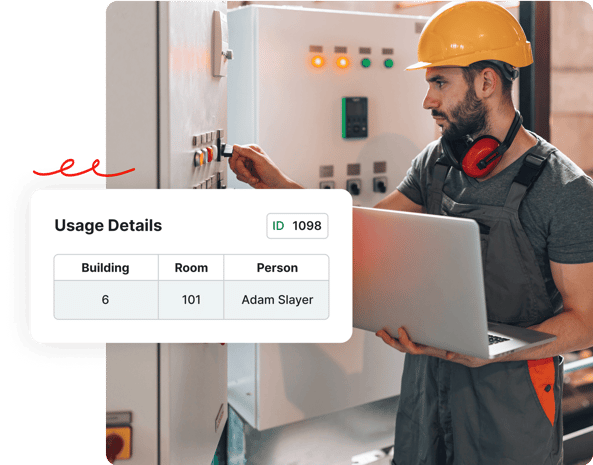 A worker in safety gear checks control panels, holding a laptop; usage details overlay is shown.