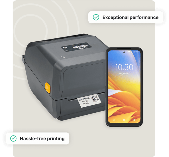 A label printer and a smartphone side by side with icons showing hassle-free printing and exceptional performance.