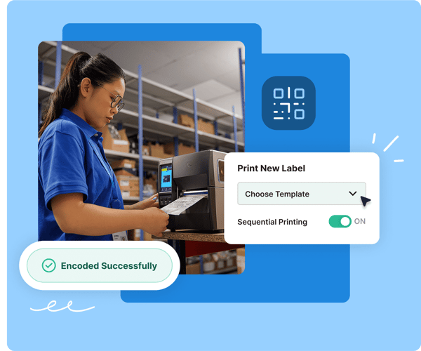 A woman prints a label in a warehouse; a screen shows label template options and encoding success.