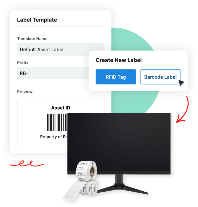 Illustration of label template, barcode label creation, a monitor, and barcode label rolls.