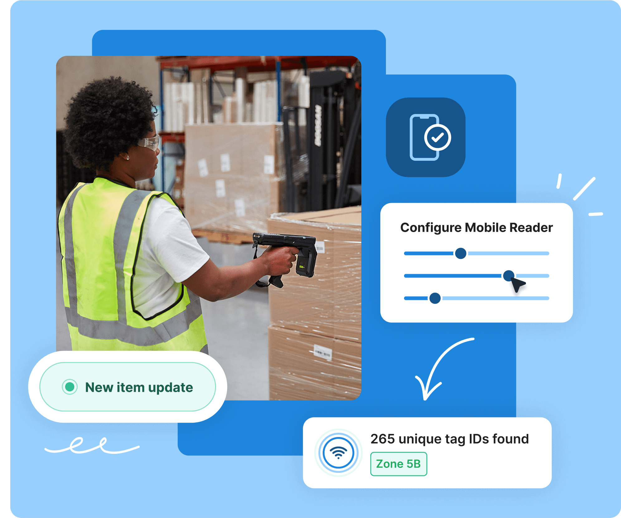 Person in safety vest scans warehouse items with handheld device; digital updates display on-screen.