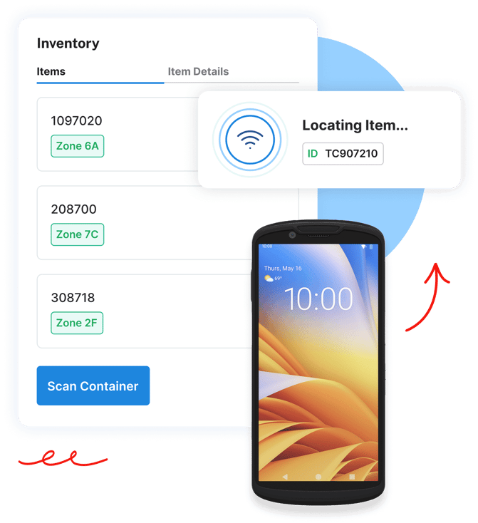A smartphone scans container inventory items, showing item zones and a locating item popup on a digital screen.