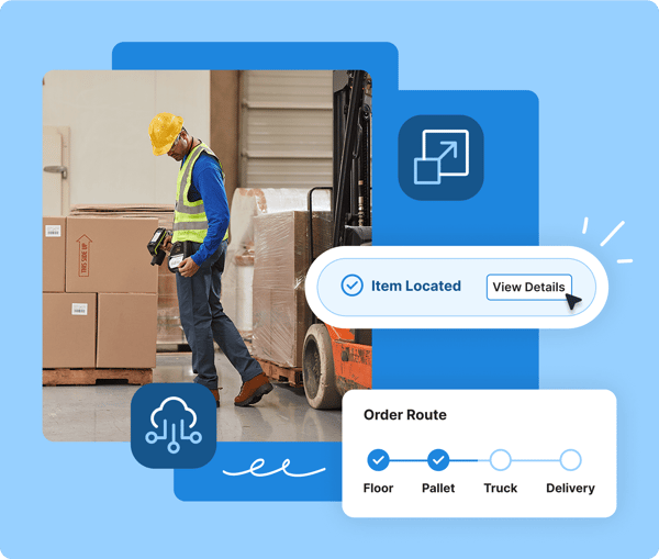 Worker in safety vest scans boxes in a warehouse; graphics show tracking order route and item location.