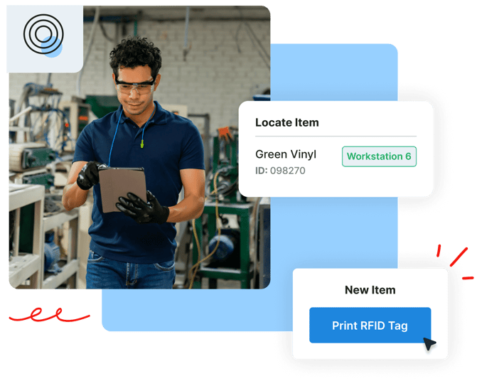 A man in safety glasses uses a tablet in a factory; onscreen text shows item tracking and a Print RFID Tag button.
