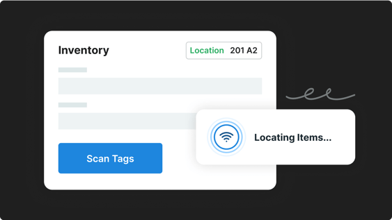 Inventory interface with a Scan Tags button and a popup saying Locating Items... with a Wi-Fi symbol.
