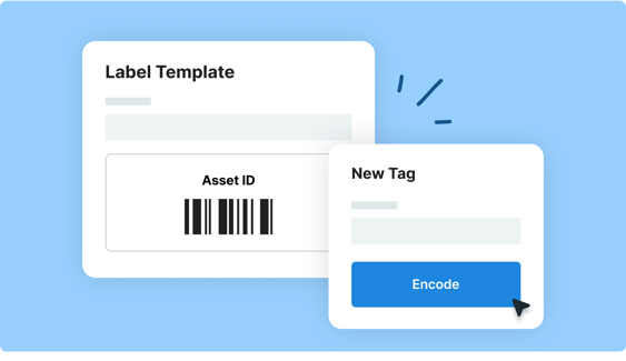 Two digital forms: one for a barcode label template, another for creating a new tag with an Encode button.