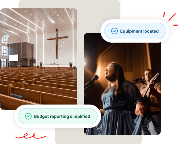 A modern church interior and a woman singing on stage, with text bubbles about budget and equipment.
