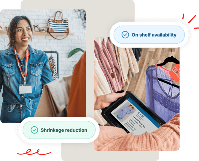 A retail worker smiles at a customer; another checks clothing stock on a tablet in-store.