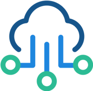 Simple cloud icon with three lines extending down to three connected circles, representing cloud computing.