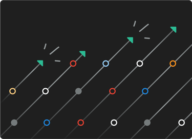 Diagonal lines with colored circles and green arrows on a black background, some with accent lines suggesting motion.