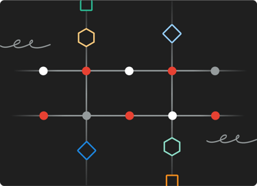 Abstract diagram with colored circles and hexagons connected by lines on a dark background.