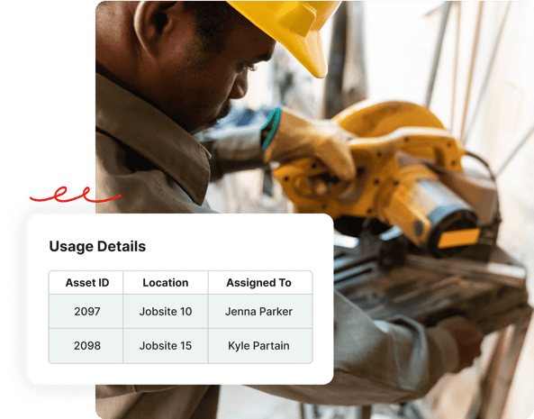 Worker using a power saw, with a chart displaying asset usage details and assignments in the foreground.