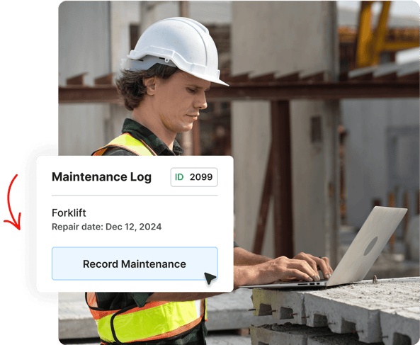 Construction worker in safety gear uses a laptop; maintenance log popup for a forklift is shown on screen.