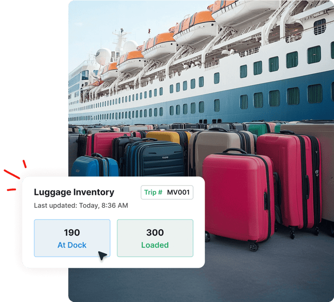 Luggage lined up at a cruise ship dock with an inventory update showing 190 at dock and 300 loaded.